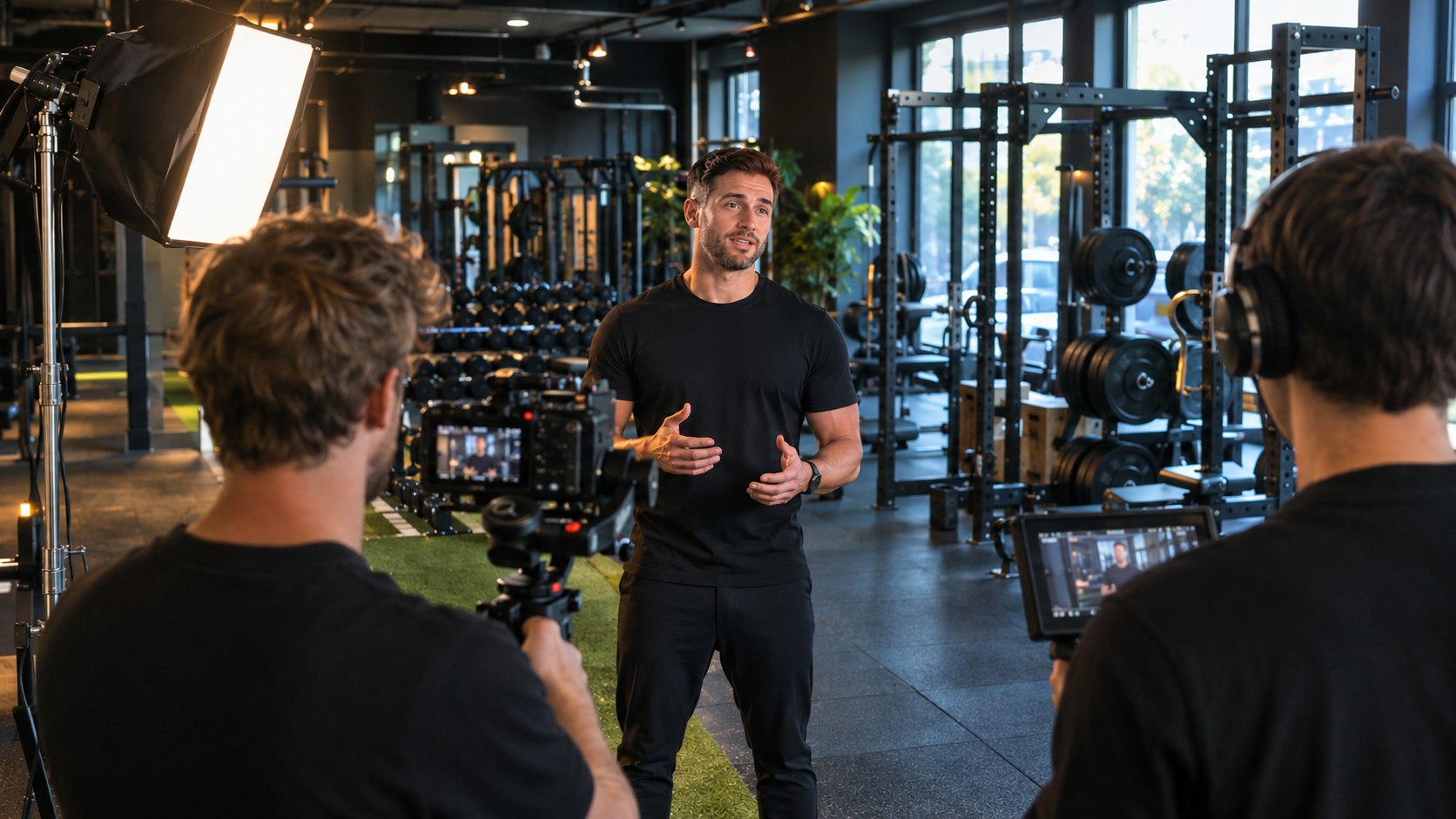 Behind the scenes van een contentdag: een trainer wordt gefilmd in de gym